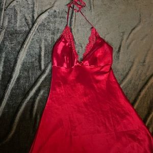 Red lace slip dress